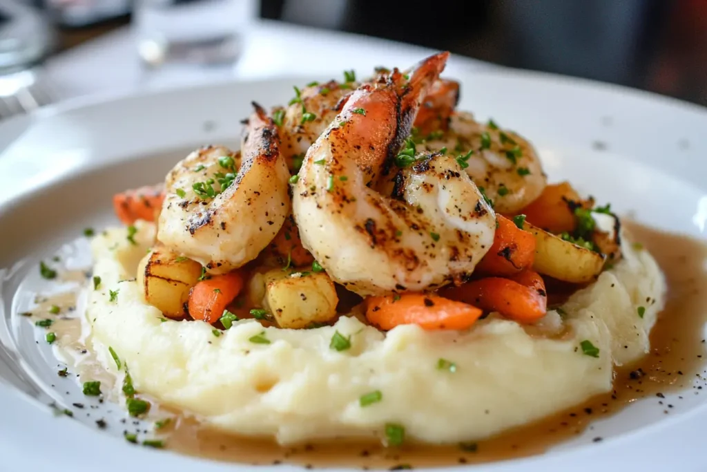 A beautifully plated dish of chicken and shrimp stir-fry with vibrant vegetables and a glossy soy-based sauce.