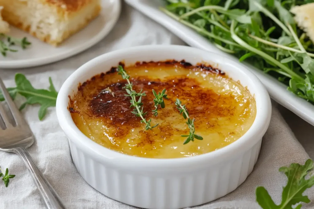A rich and creamy crème brûlée served in a white ramekin, topped with a caramelized sugar crust and garnished with fresh thyme sprigs, surrounded by arugula leaves and a slice of bread on the side