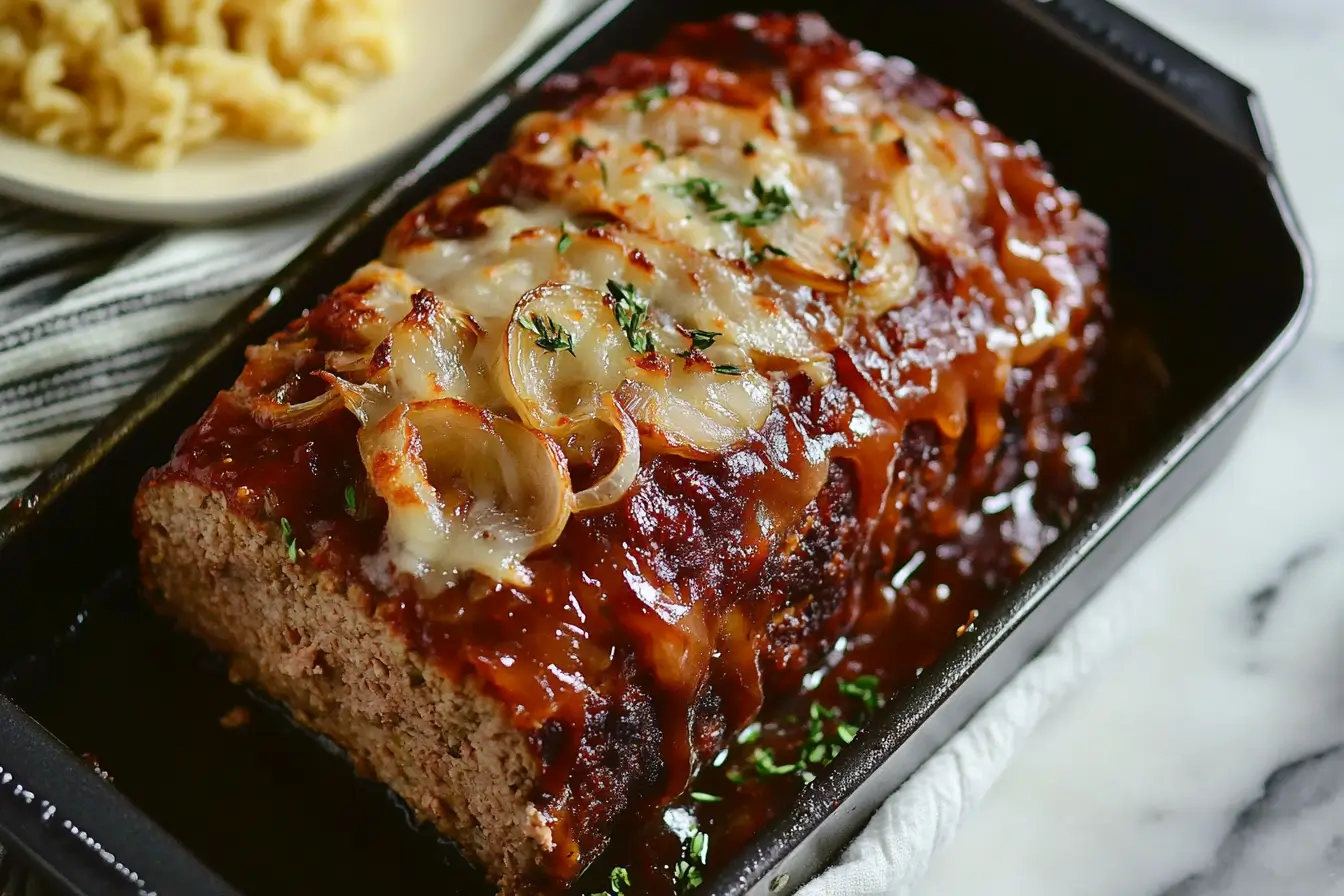 Slices of Lipton Onion Soup Meatloaf served on a plate with mashed potatoes