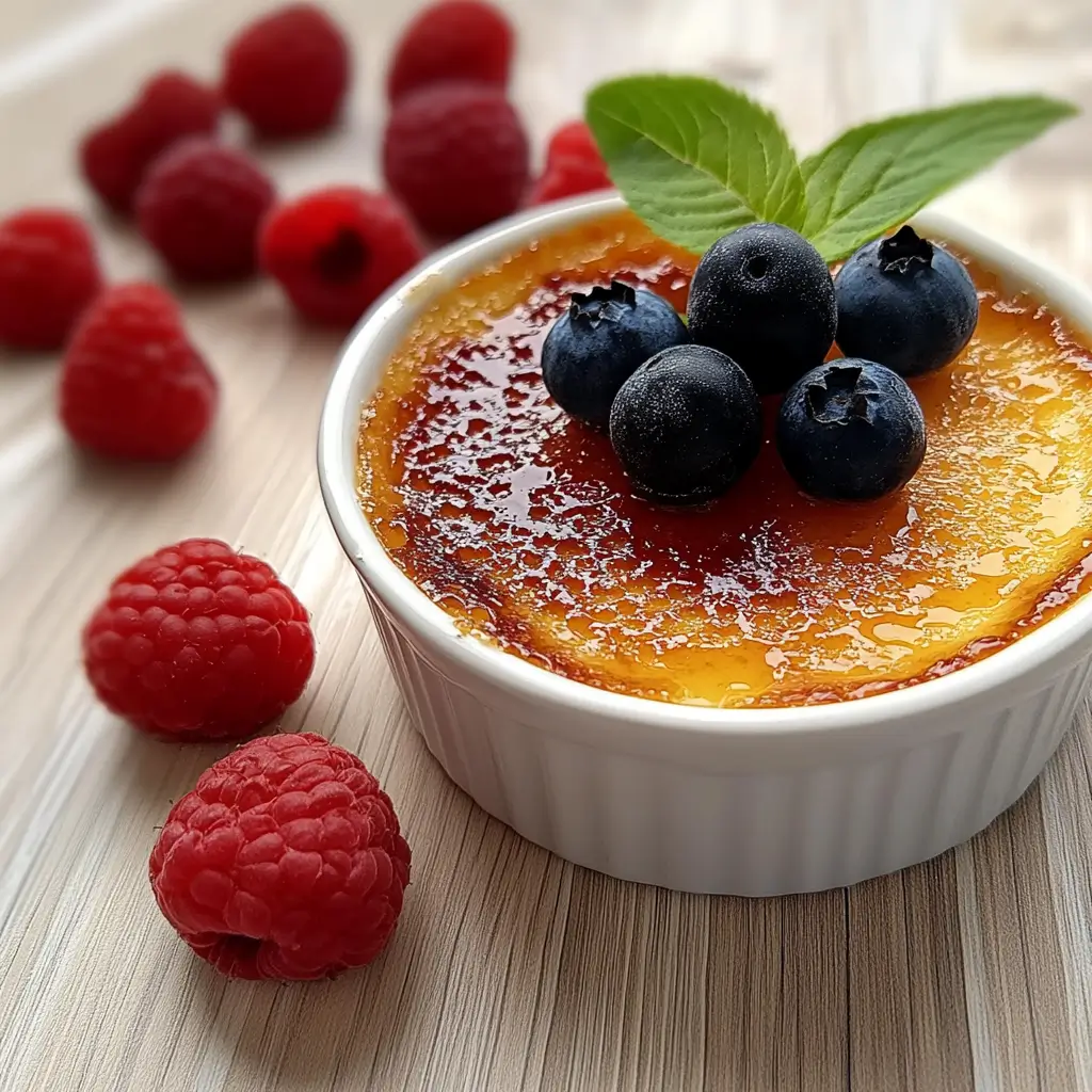 Individual ramekins of crème brûlée on a rustic wooden table with a kitchen torch.