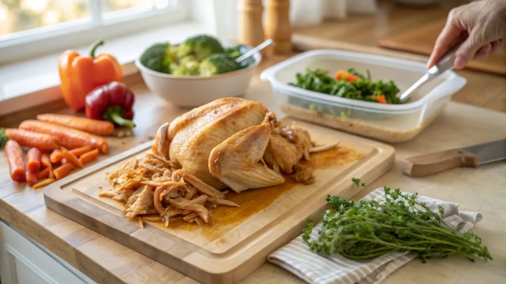 Reheated rotisserie chicken with crispy skin, served with fresh vegetables and sauce – perfect meal after freezing