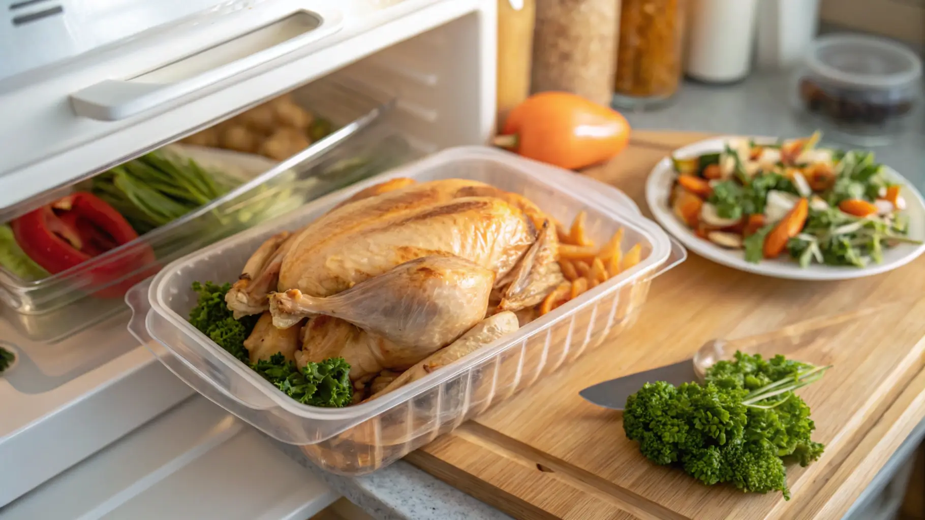 Store-bought rotisserie chicken being wrapped in plastic wrap for freezing, with fresh herbs and clear storage containers