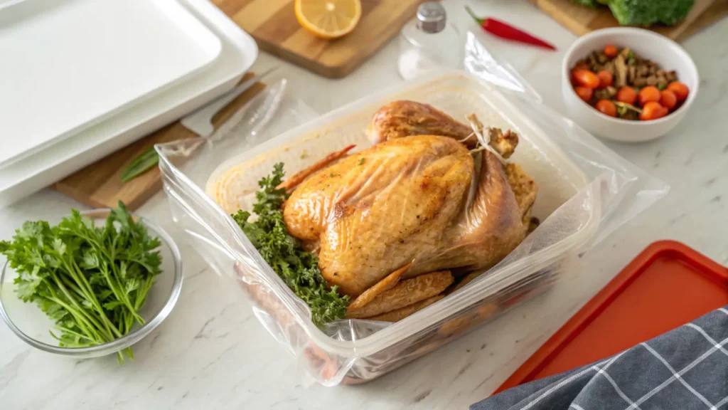 Close-up of a whole chicken being seasoned with olive oil, salt, pepper, and fresh herbs, preparing for a homemade rotisserie chicken recipe