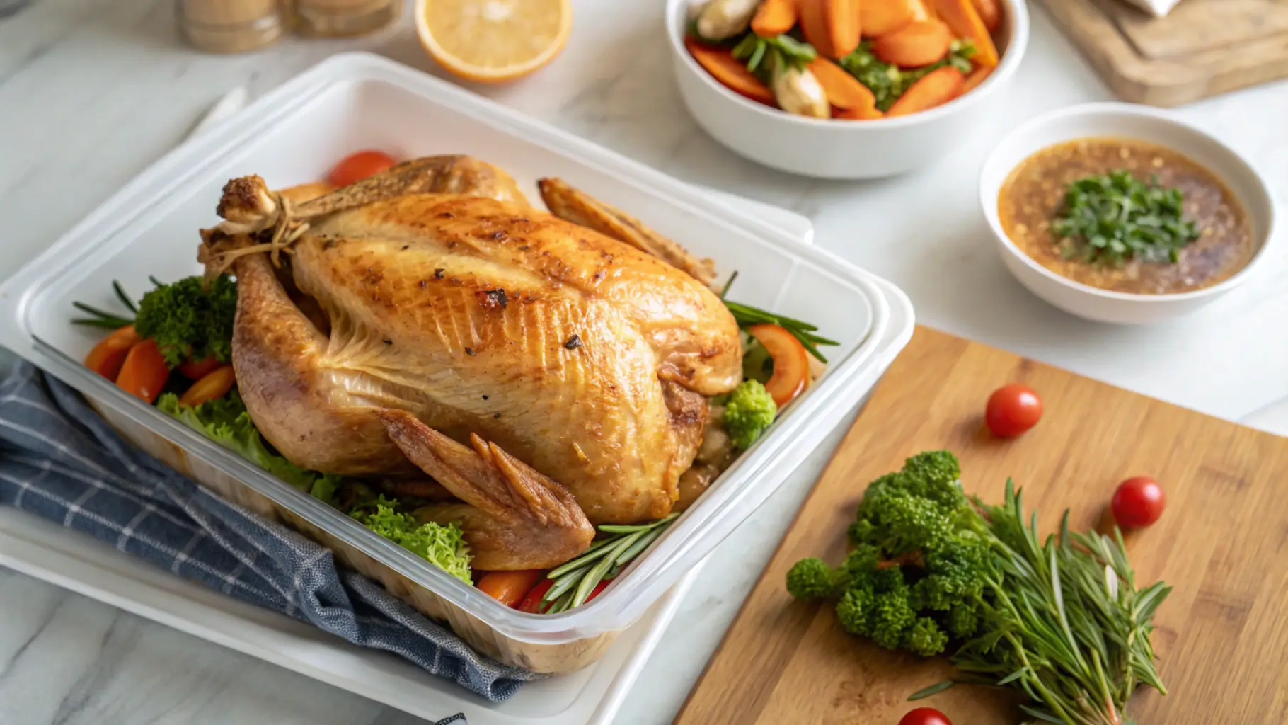 Perfectly roasted rotisserie chicken served with roasted vegetables, showcasing the juicy, tender meat and crispy golden skin