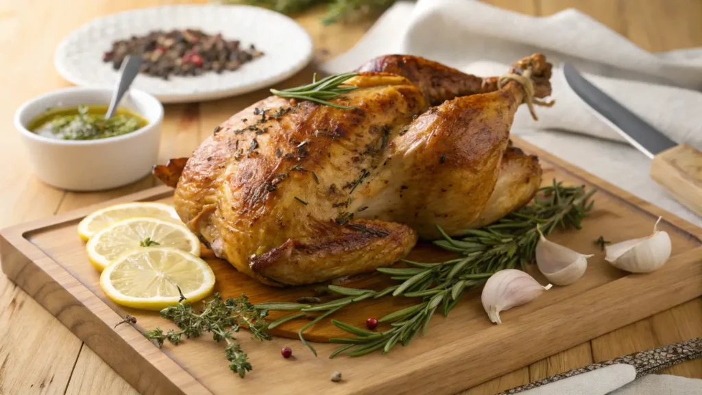 Golden-brown rotisserie chicken garnished with rosemary and lemon wedges on a wooden cutting board.