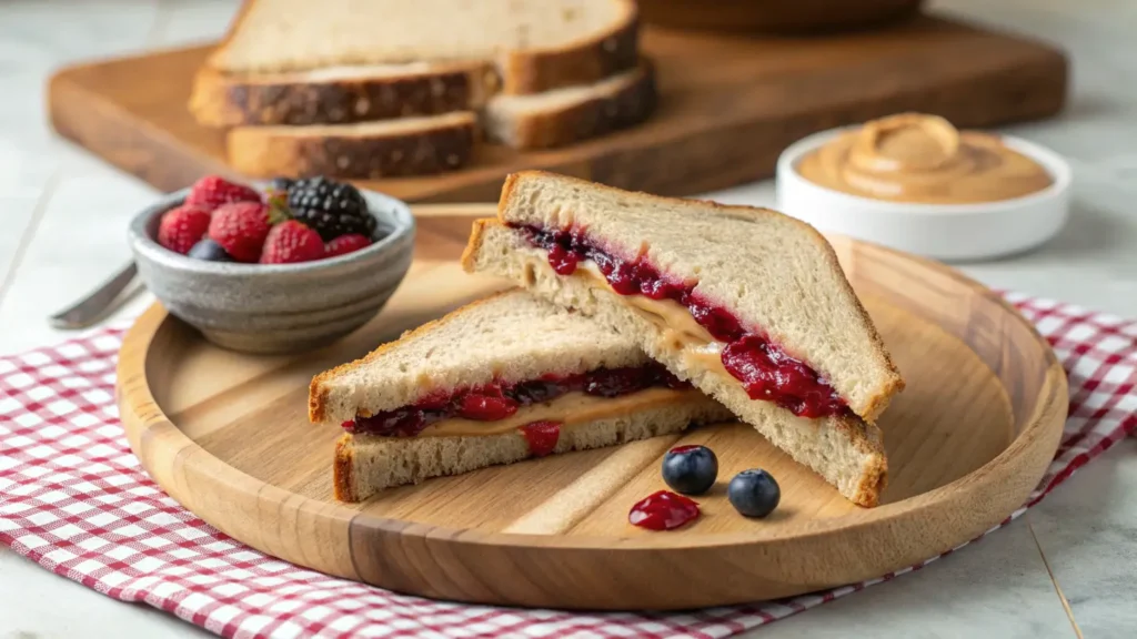 A peanut butter and jelly sandwich on whole grain bread with a side of fresh berries and a bowl of peanut butter.