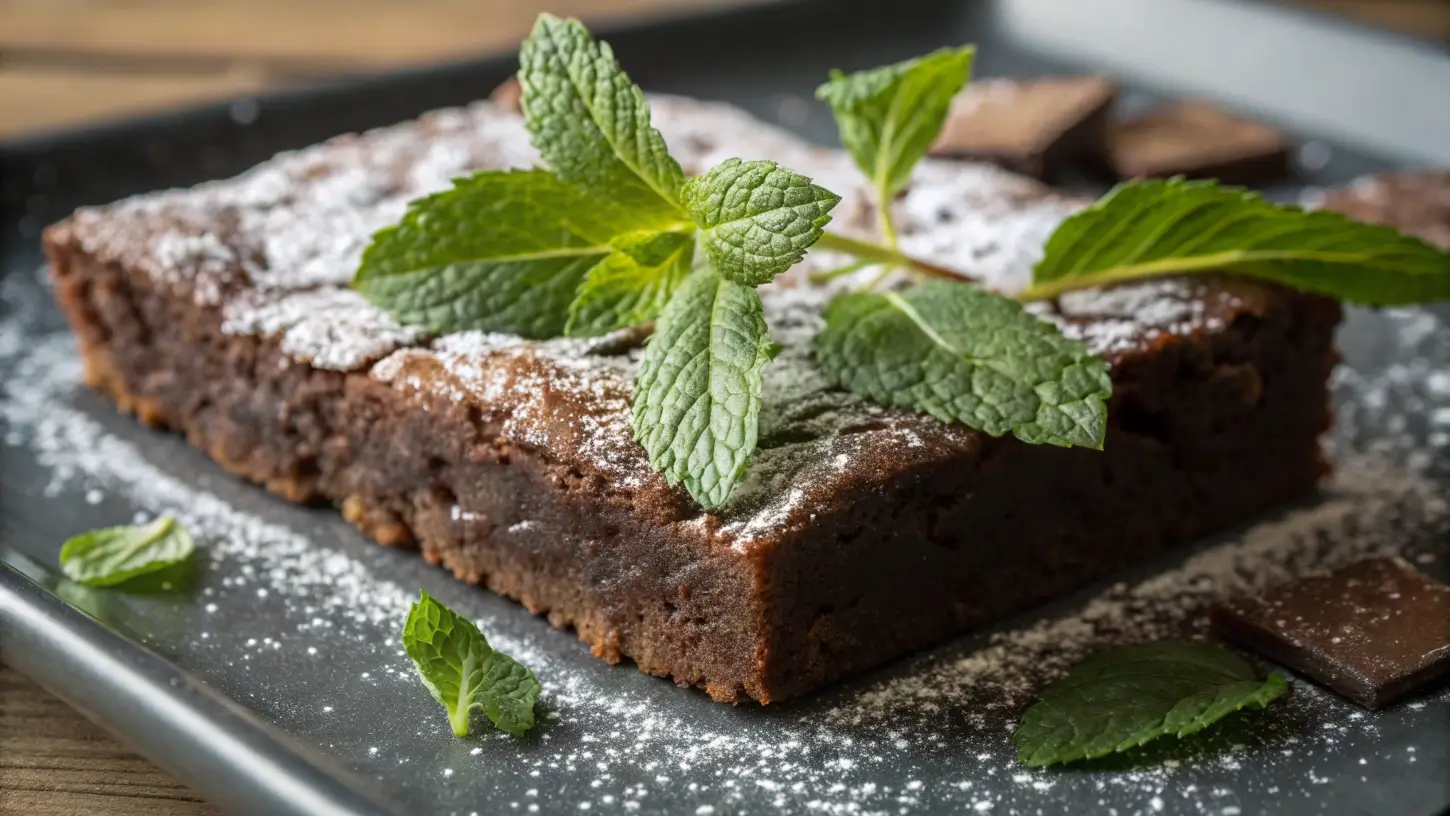 Rich and fudgy sourdough brownies, a perfect sourdough dessert recipe, topped with powdered sugar