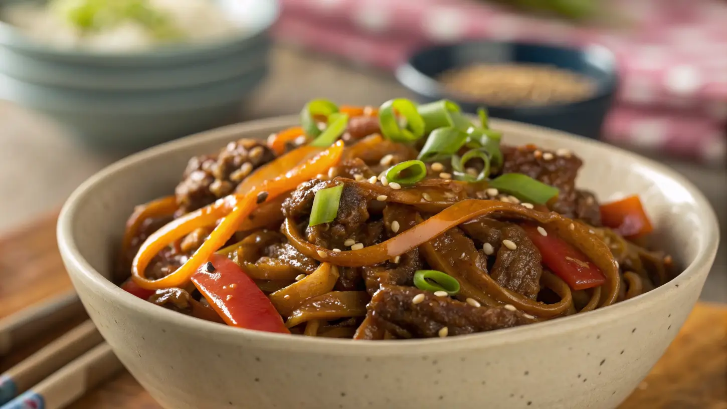 Bowl of Ground Beef Mongolian Noodles with fresh garnishes.