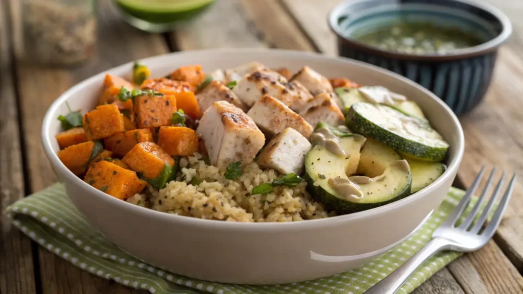 A grain bowl with diced leftover dried-out chicken, quinoa, roasted vegetables, and zesty vinaigrette, showcasing a delicious use for leftover chicken.