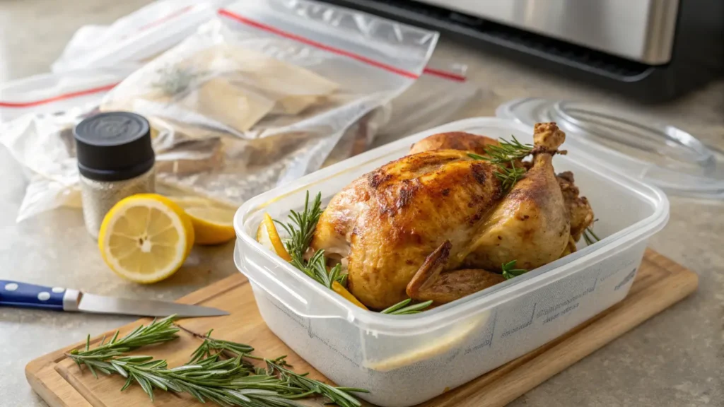 Golden-brown rotisserie chicken being prepared for freezing with airtight containers, rosemary, and lemon wedges on a kitchen countertop.