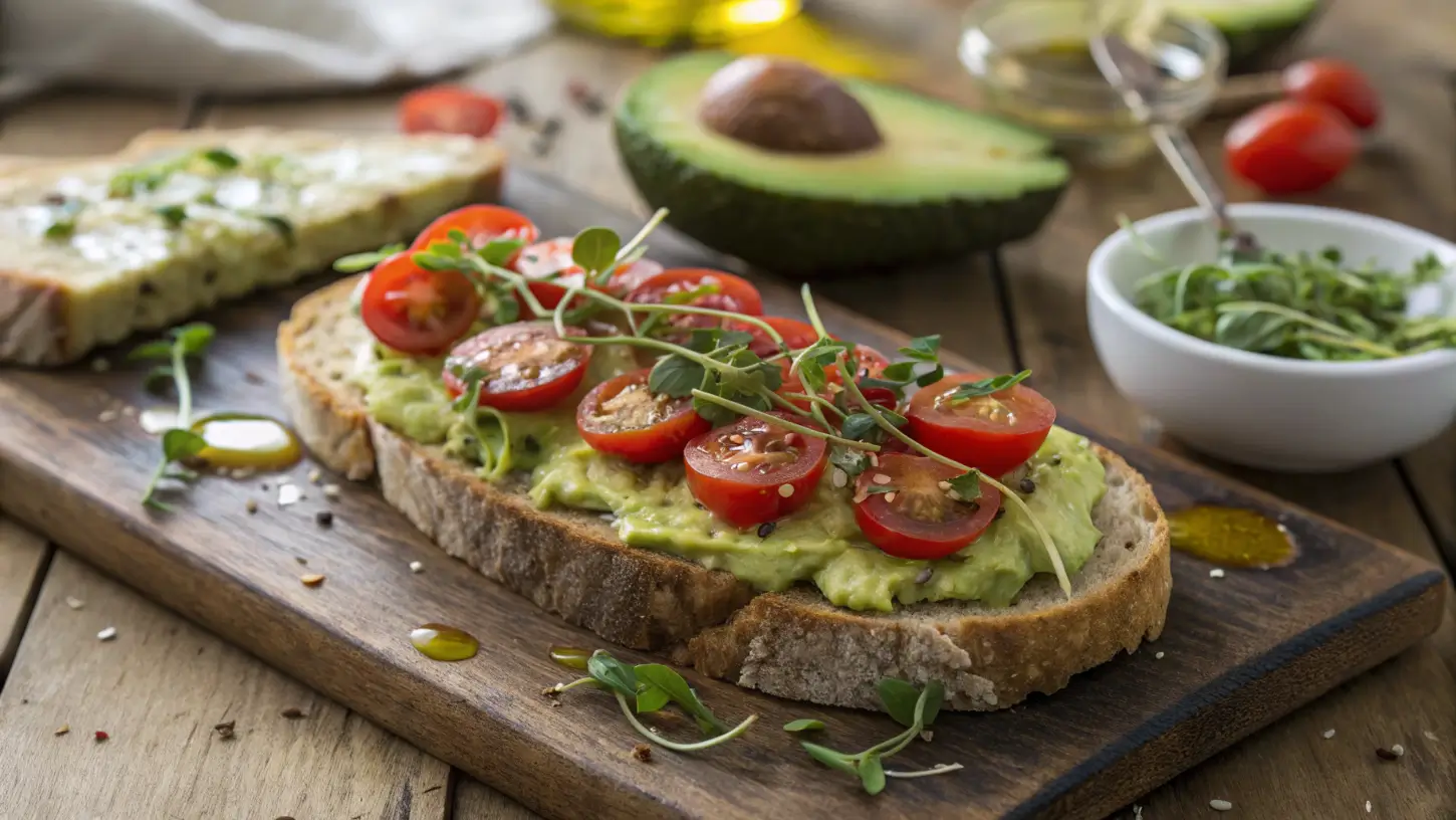 Close-up of avocado toast on sourdough bread with cherry tomatoes, microgreens, and olive oil