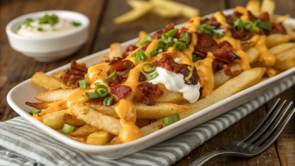 Platter of loaded fries with cheese, bacon, and sour cream