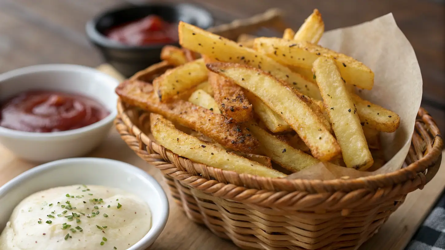 Close-up of original seasoned fries with dipping sauces.