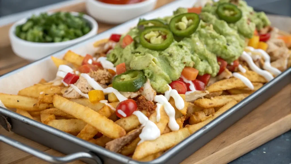 Loaded fries with guacamole, jalapeños, and ranch dressing