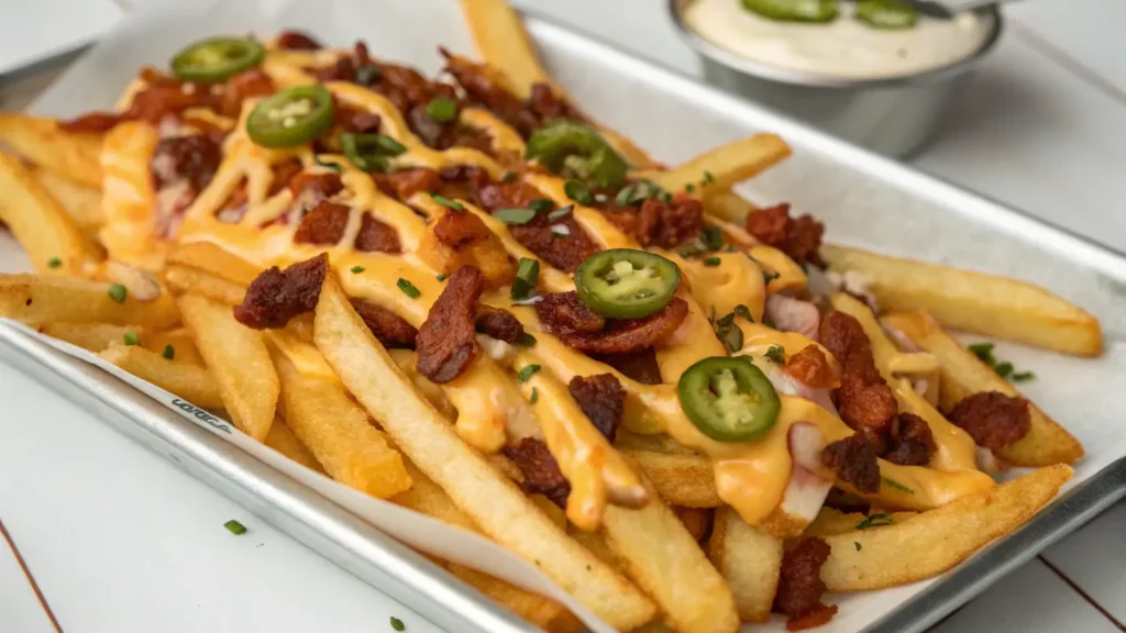 Loaded dirty fries topped with melted cheese, bacon bits, and jalapeños.