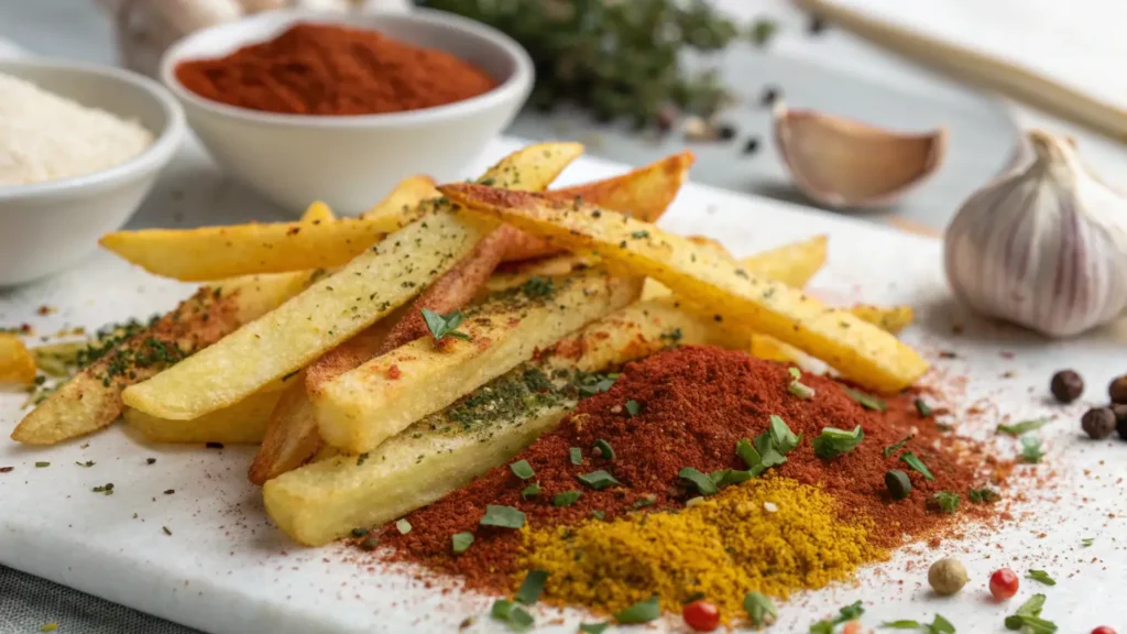 Fries being seasoned with a vibrant blend of paprika, garlic, and herbs.