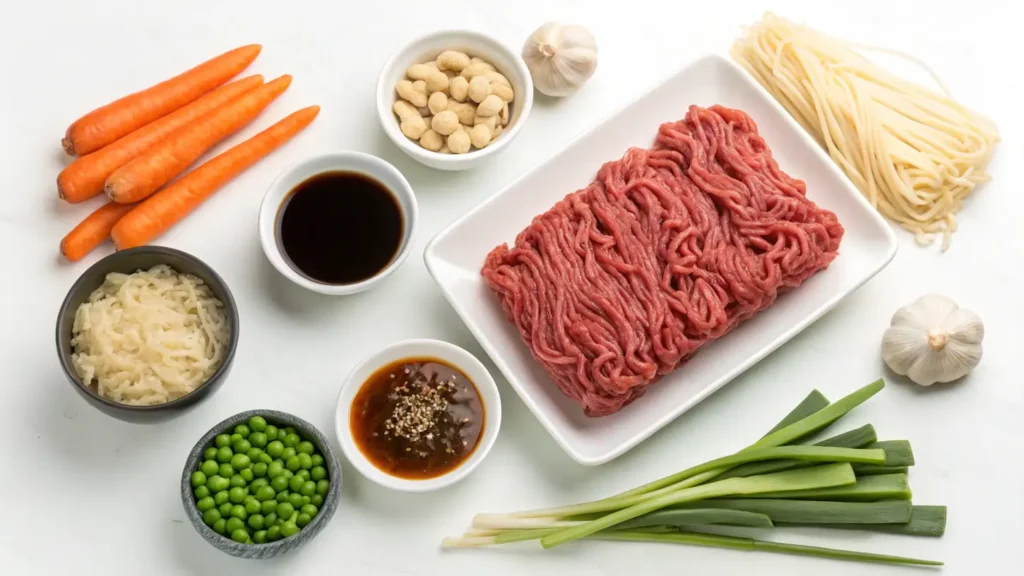 Ingredients for Ground Beef Mongolian Noodles laid out on a kitchen counter.