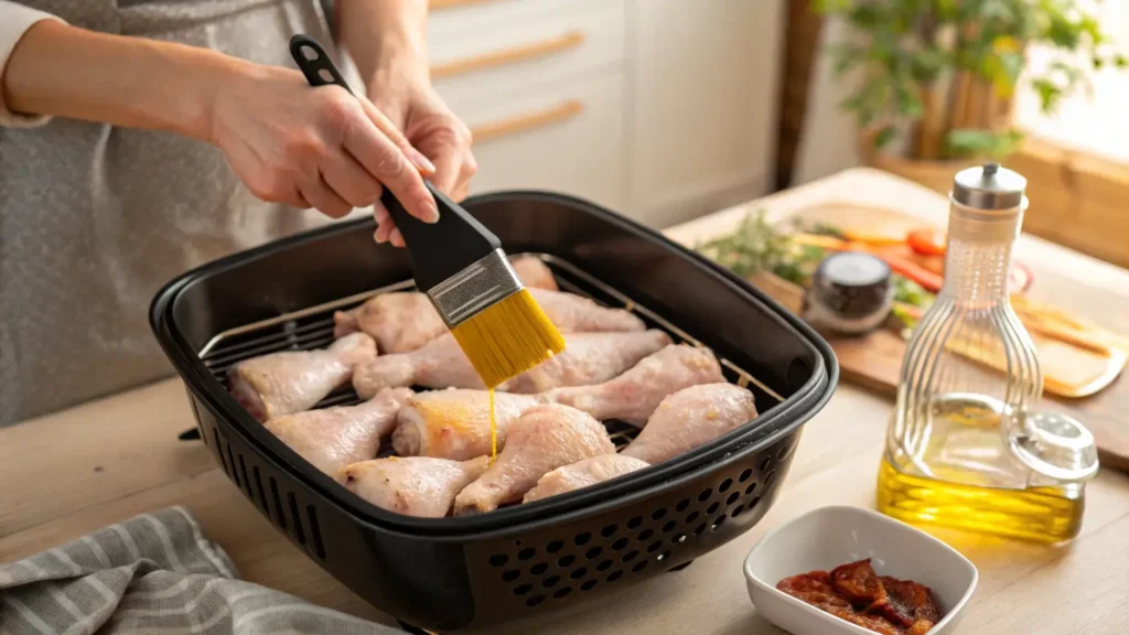 How do I get crispy results in my air fryer? Oil-brushed chicken drumsticks.