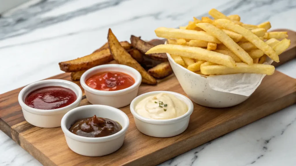 Fries served with condiments like ketchup, mayo, and barbecue sauce