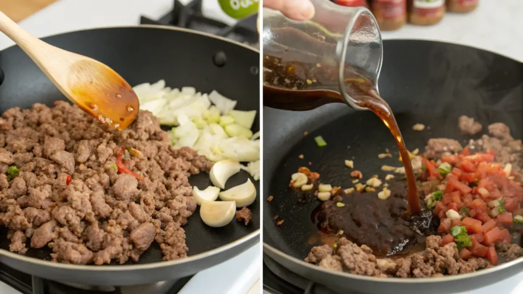 Stir-frying ground beef with Mongolian sauce in a skillet