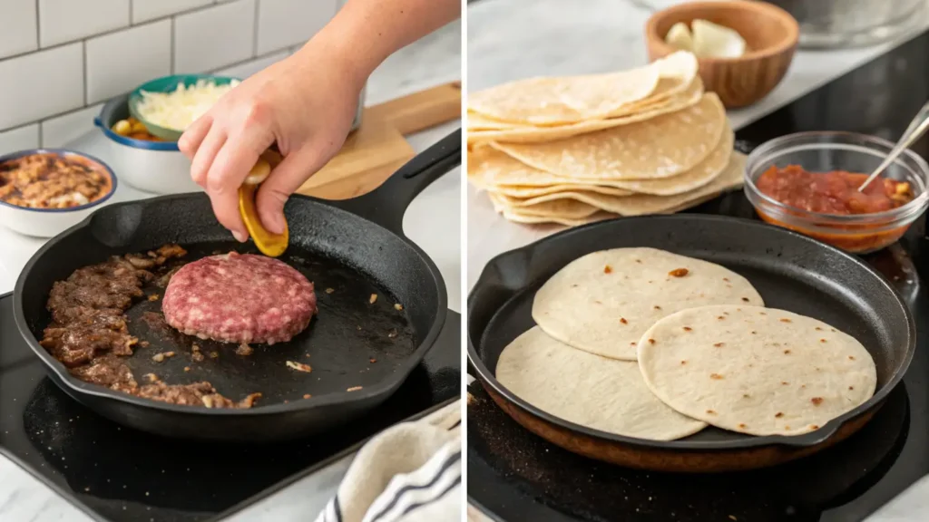 Smash Burger Tacos Cooking on a Cast-Iron Skillet