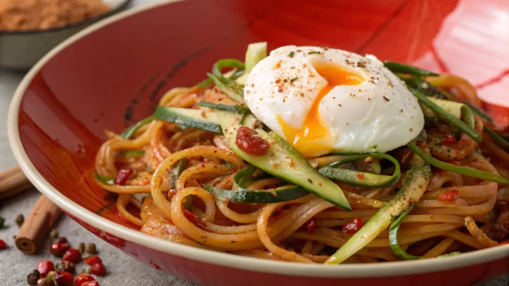 Spicy Mongolian Noodles with zucchini noodles and a poached egg.