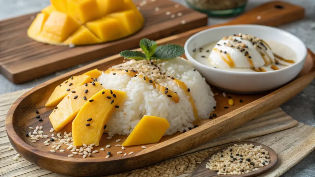 Mango Dessert Recipes – Thai mango sticky rice with coconut cream.