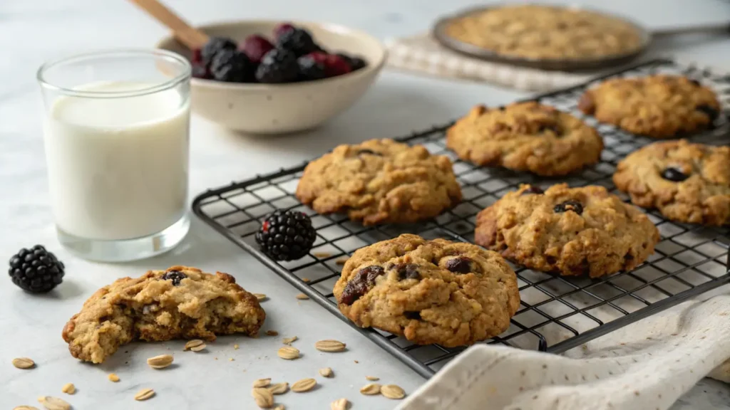 Golden-brown blackberry oatmeal cookies cooling on a rack with milk.