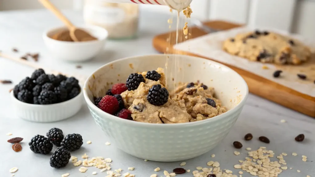 Mixing blackberry oatmeal cookie dough with fresh blackberries and oats