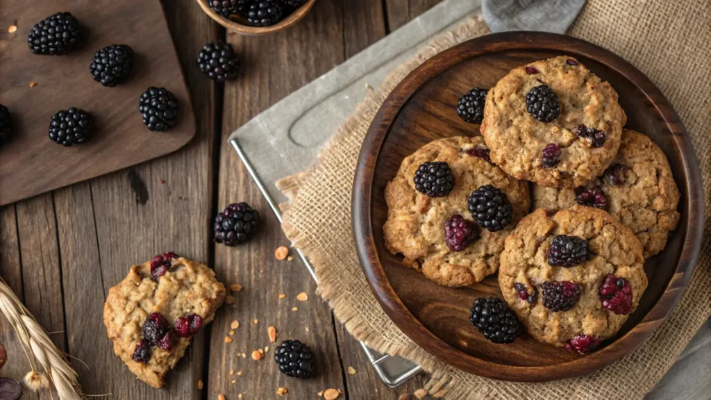 Stack of blackberry oatmeal cookies served with tea and fresh blackberries.