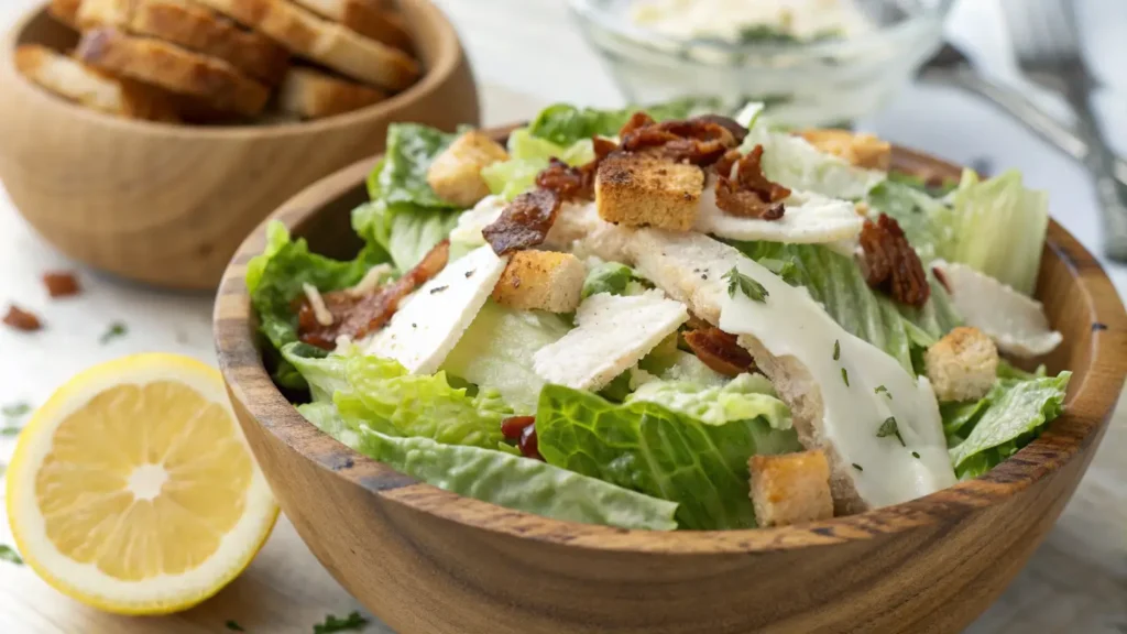 Can I eat Caesar salad for weight loss? A hearty Caesar salad in a rustic wooden bowl, featuring romaine lettuce, bacon bits, grilled chicken, Parmesan, and a lemon garnish