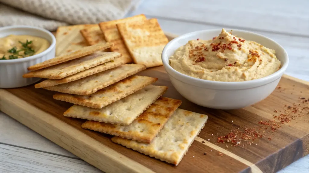 Golden sourdough crackers served with hummus, showcasing creative sourdough dessert recipes