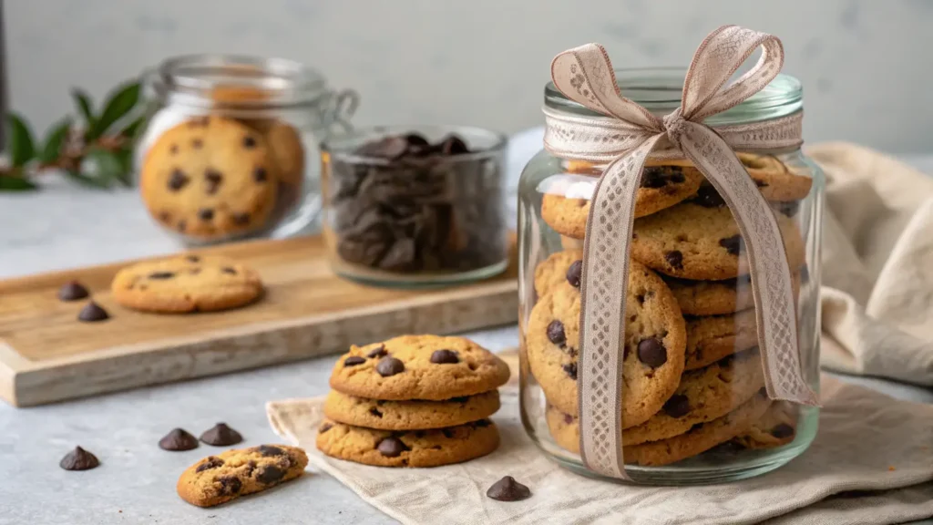 Freshly baked sourdough chocolate chip cookies stored in a jar, a delightful sourdough dessert recipe