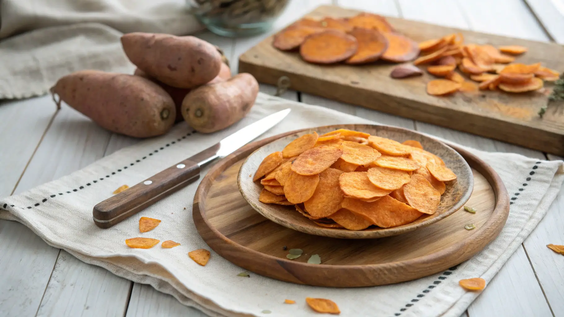 Dried sweet potato slices neatly arranged on a rustic wooden plate, surrounded by fresh sweet potatoes and a small knife