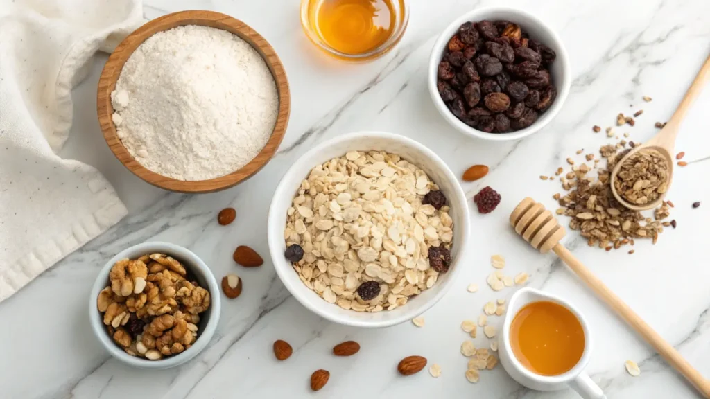 Are oatmeal cookies actually healthy? Ingredients like rolled oats, raisins, nuts, and honey displayed on a marble countertop