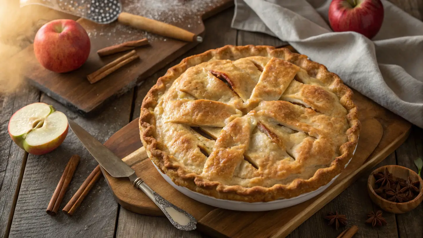 Apple pie fresh out of the oven with golden crust.