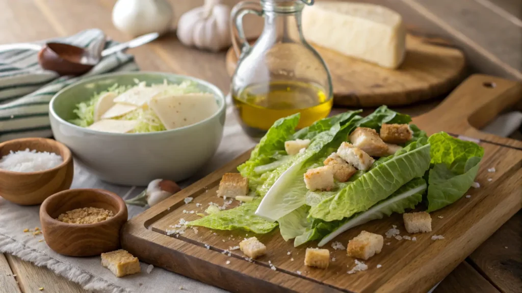 Can I eat Caesar salad for weight loss? Fresh Caesar salad ingredients on a wooden board, including romaine lettuce, croutons, Parmesan shavings, and olive oil