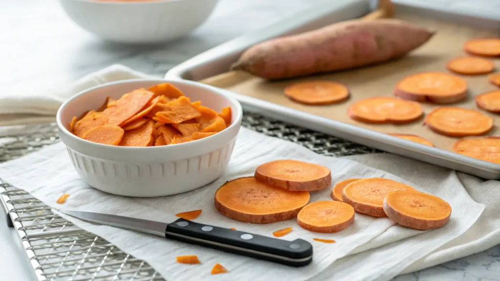 Sweet potato slices arranged on a dehydrator tray with a bowl of peeled sweet potatoes and a small knife nearby