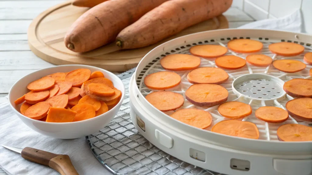 Thin sweet potatoes recipe slices arranged on a dehydrator tray with a bowl of peeled sweet potatoes and a small paring knife nearby