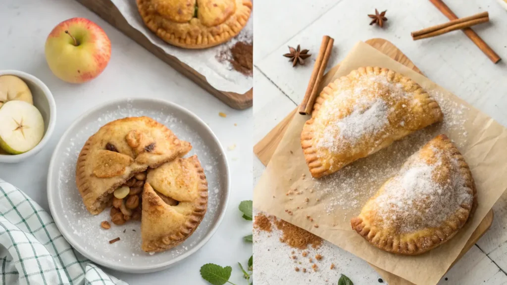 Apple hand pies being sealed with a fork during assembly