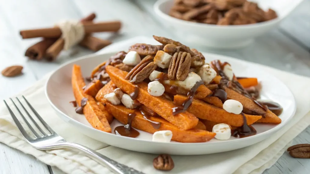 Sweet potato loaded fries with marshmallows and caramel