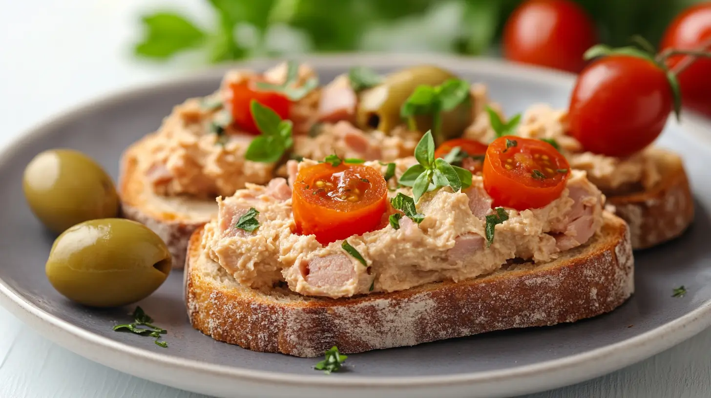 Mediterranean tuna toast with hummus, olives, and cherry tomatoes.