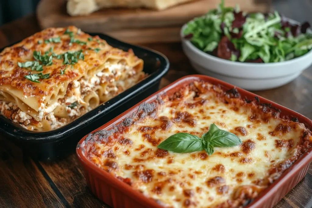 Side-by-side comparison of baked ziti and lasagna in separate dishes, showcasing their distinct layers and textures