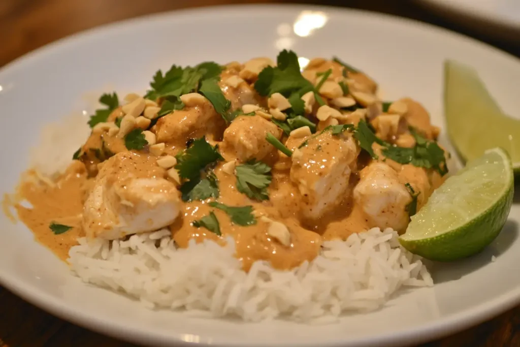A beautifully plated chicken with peanut butter sauce over jasmine rice, garnished with peanuts and cilantro.