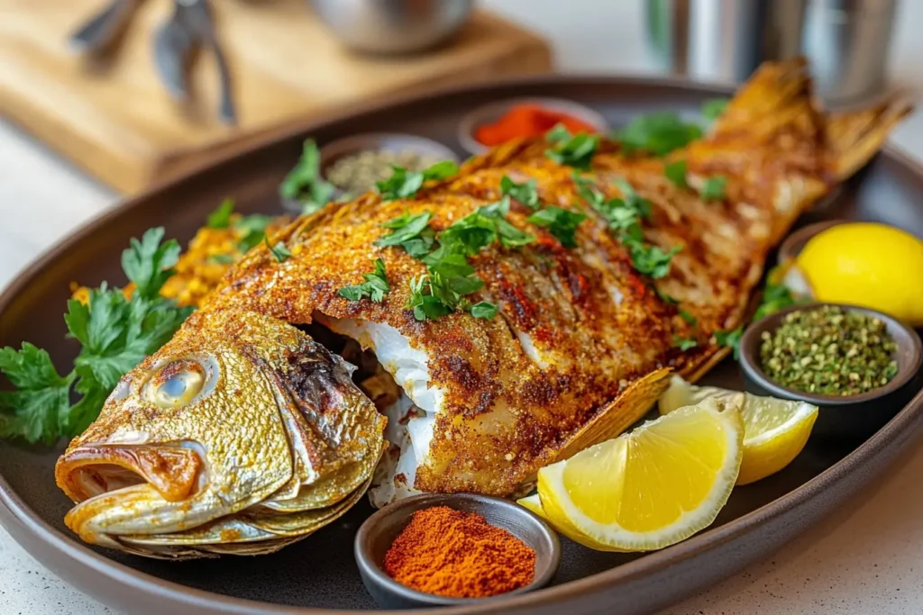 Season fish before deep frying by adding spices to the fillets