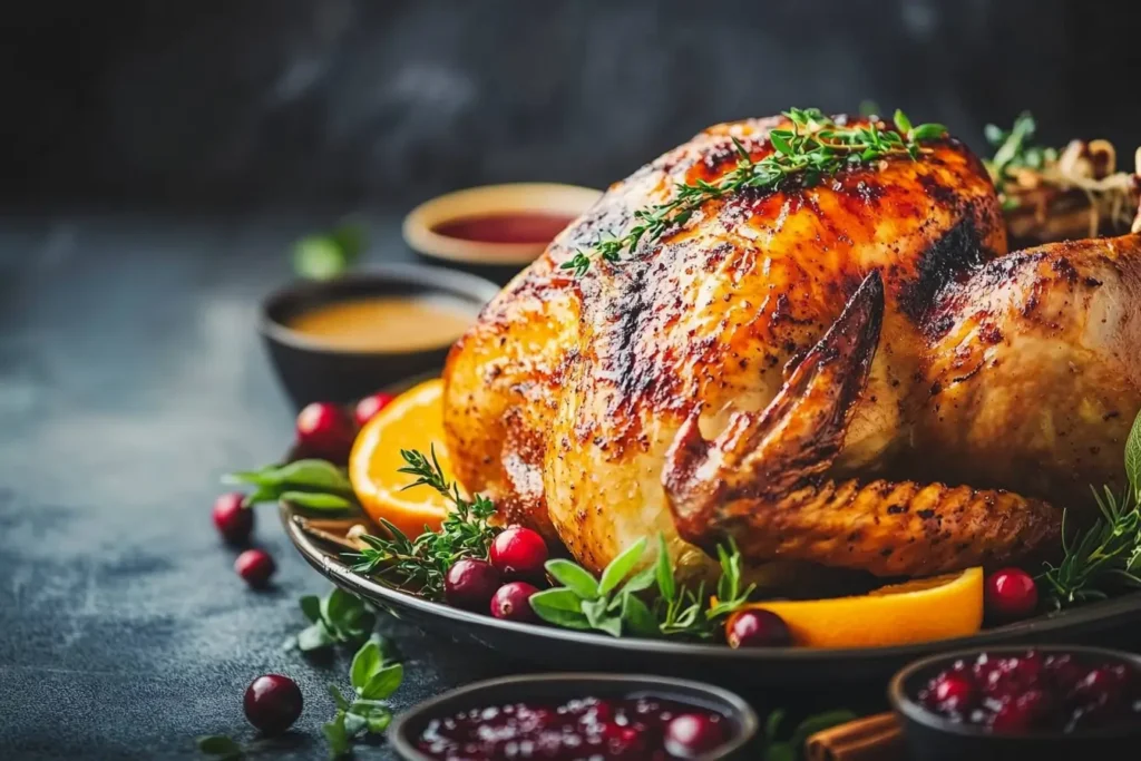 Perfectly roasted turkey injected with a flavorful marinade, garnished with fresh herbs, cranberries, and orange slices.