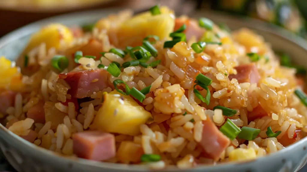 Hawaiian Fried Rice with pineapple, ham, and green onions.