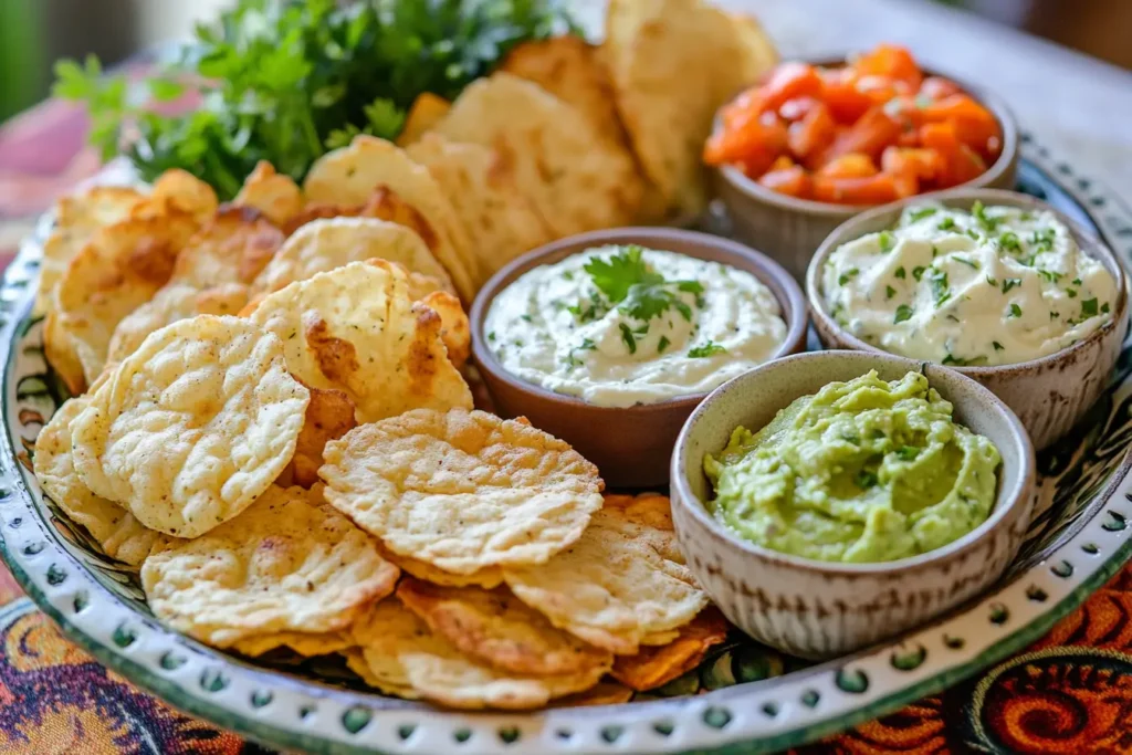 A bowl of crispy cottage cheese chips with a dipping sauce on the side
