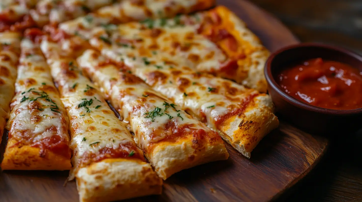 Max Pizza Sticks served with marinara sauce on a plate2