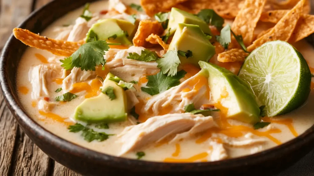 Bowl of chicken tortilla soup with fresh toppings